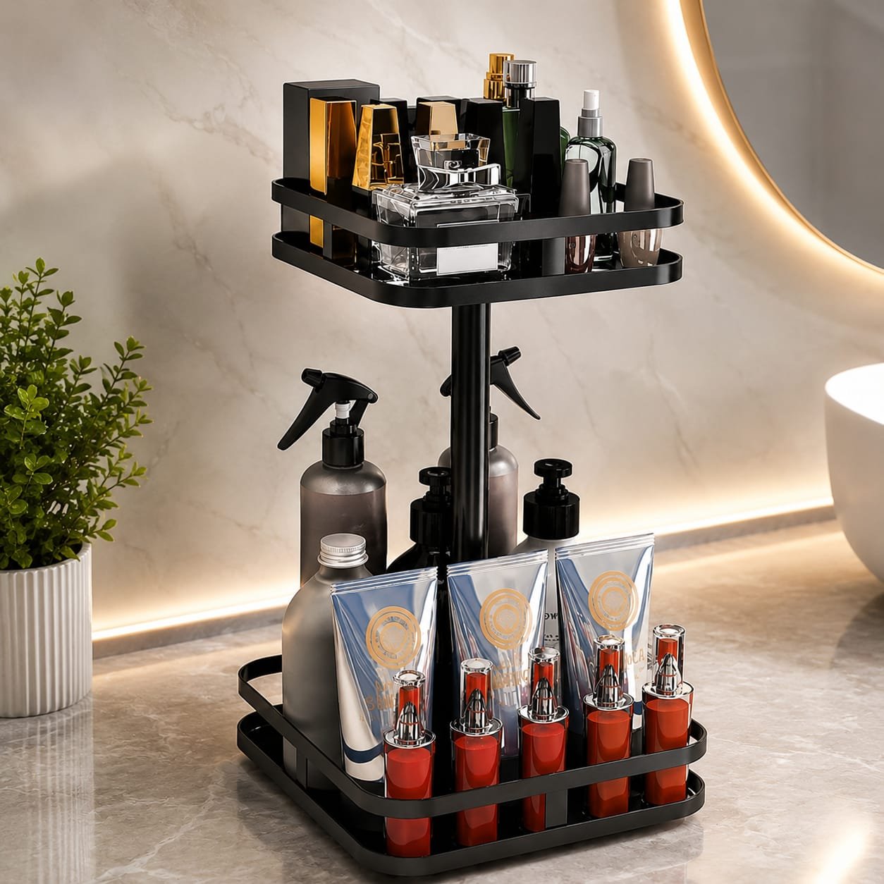 360° Rotating Kitchen Storage Rack | 2-Tier Organizer | For Spices, Oil Bottles, Sauces, Cosmetics | Waterproof & Easy to Clean